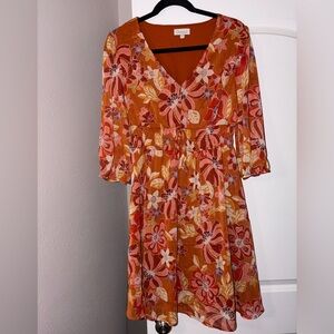 Rust Orange Floral V-Neck Midi Dress